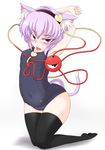  animal_ears black_legwear cat_ears cat_tail eyeball hairband heart highres image_sample kemonomimi_mode kneeling komeiji_satori one-piece_swimsuit pandain pixiv_sample purple_eyes purple_hair school_swimsuit short_hair skindentation solo swimsuit tail thighhighs third_eye tongue touhou 