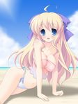  arm_support bad_id bad_pixiv_id beach bikini blonde_hair blue_eyes breasts cleavage day flyable_heart hanging_breasts impossible_clothes impossible_shirt large_breasts long_hair minase_sakurako shirt solo swimsuit taira_takehiro tankini 