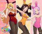  animal_ears artist_request bare_shoulders blonde_hair bow breasts brown_hair bunny_ears bunny_girl bunnysuit cleavage fishnet_pantyhose fishnets flat_chest leotard medium_breasts multiple_girls one_eye_closed oozora_himawari oozora_kiku oozora_momo orange_leotard otenki_studio pantyhose pink_hair pink_leotard red_leotard small_breasts wallpaper 