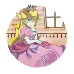  bad_id bad_pixiv_id blonde_hair blue_eyes circle crown dress earrings elbow_gloves gloves jewelry long_hair mario_(series) pink_dress princess_peach sitting solo soto super_mario_bros. 