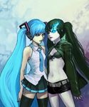  aqua_eyes aqua_hair bad_id bad_pixiv_id bare_shoulders bikini_top black_hair black_rock_shooter black_rock_shooter_(character) burning_eye coat consent_(oituku) flat_chest hatsune_miku highres long_hair midriff multiple_girls navel necktie pale_skin thighhighs twintails very_long_hair vocaloid zettai_ryouiki 