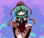  dress dress_lift front_ponytail gatau green_eyes green_hair hair_ribbon kagiyama_hina lowres open_mouth ribbon skirt skirt_lift solo thighs touhou 