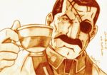  amestris_military_uniform bad_id bad_pixiv_id cup eyepatch facial_hair fullmetal_alchemist godees highres king_bradley male_focus military military_uniform monochrome mustache sepia spoilers teacup uniform wrath 