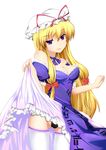  bare_shoulders blonde_hair breasts cleavage hat highres inu3 long_hair medium_breasts panties purple_eyes skirt skirt_lift solo thighhighs touhou underwear white_legwear yakumo_yukari 