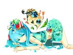  all_fours aqua_eyes aqua_hair bad_id bad_pixiv_id doll_joints flower hair_flower hair_ornament hatsune_miku itamidome long_hair skirt solo top-down_bottom-up twintails vocaloid 