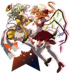  alternate_costume bad_id bad_pixiv_id blonde_hair enmaided flandre_scarlet green_eyes green_hair hat high_heels holding_hands komeiji_koishi legs maid manyako_(mohumohu) multiple_girls ponytail red_eyes shoes short_hair side_ponytail thighhighs touhou white_legwear wings 