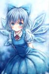  :t arms_behind_back blue_dress blue_eyes blue_hair blush bow bryanth cirno dress embellished_costume face frills hair_bow ice pout short_hair solo tears touhou wings 