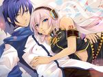  1girl blue_eyes blue_hair blue_scarf couple headphones headset hetero hug kaito long_hair megurine_luka pink_hair scarf vocaloid yukiyao 