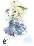  blonde_hair child dress frog hair_ribbon hand_on_headwear hat kneehighs moriya_suwako ribbon sanoharu shoes socks solo touhou 