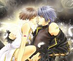  angel_wings brown_hair copyright_request highres kiss male_focus multiple_boys myoujin_tsubasa tattoo wings yaoi 