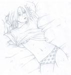  1girl artist_request bed blush bra female flat_chest girl haruno_sakura lingerie lying midriff monochrome naruto navel on_back open_mouth panties pillow shirt shirt_lift short_hair small_breasts solo sweat underwear 