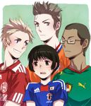  4boys adidas axis_powers_hetalia cameroon_(hetalia) clothes_writing denmark_(hetalia) glasses japan_(hetalia) male_focus multiple_boys netherlands_(hetalia) puma_ag scar sideburns spiked_hair sportswear world_cup yurizuka_(sergeant_heart) 