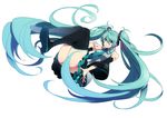  aqua_eyes aqua_hair bad_id bad_pixiv_id detached_sleeves eterno hatsune_miku headphones highres legs long_hair necktie simple_background skirt smile solo thighhighs twintails very_long_hair vocaloid zettai_ryouiki 