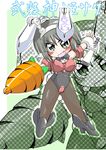  aizawa_sakuya animal_ears blush bow bowtie bunny_ears bunnysuit carrot chibi drill fan fang fishnet_pantyhose fishnets green_eyes grey_hair hair_ornament hairclip harisen hayate_no_gotoku! high_heels ikebata_homura leotard pantyhose robot_ears shoes short_hair solo standing zoom_layer 