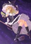  alternate_costume bad_id bad_pixiv_id blonde_hair bloomers boots braid broom cross-laced_footwear half_updo hat kirisame_marisa knee_boots looking_at_viewer magic night night_sky petticoat short_hair sidesaddle sky smile solo star tadokoro_teppei touhou underwear witch_hat yellow_eyes 
