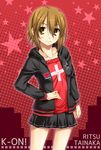  alternate_hairstyle brown_eyes brown_hair casual character_name copyright_name flag_print hair_down hood hoodie jacket k-on! miyai_sen open_clothes open_hoodie print_hoodie short_hair skirt solo tainaka_ritsu union_jack 