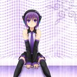  detached_sleeves headphones headset highres mukki necktie purple_eyes purple_hair purple_neckwear short_hair sitting skirt solo thighhighs utane_uta utau 