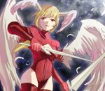  alma_beoulve angel_wings bad_id bad_pixiv_id bangs blonde_hair breasts cleavage cleavage_cutout cowboy_shot dual_wielding evil_grin evil_smile feathers final_fantasy final_fantasy_tactics gloves grin half-closed_eyes head_wings holding holding_weapon leotard lipstick long_hair looking_down makeup red_eyes red_legwear red_leotard small_breasts smile solo sword thighhighs turtleneck ultima_(fft) vilion weapon wings 