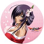 ahoge alternate_costume alternate_hairstyle arm_at_side bangs bare_shoulders black_hair blue_eyes blush breasts cherry_blossoms circle cleavage closed_mouth collarbone copyright_name dragon_print flower from_side gotou_junji gradient gradient_background hair_flower hair_ornament hair_over_one_eye hair_up ikkitousen ikkitousen_xross_impact japanese_clothes kan'u_unchou kimono light_smile lips logo long_sleeves looking_at_viewer looking_back medium_breasts off_shoulder official_art one_eye_covered parted_bangs petals pink_background pink_flower red_kimono shiny shiny_hair shiny_skin short_hair_with_long_locks sidelocks smile solo tan upper_body yukata 