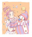  1girl bad_id bad_pixiv_id clown confetti dragon_quest dragon_quest_iii flower green_eyes jester_(dq3) kuro_shiba_(lent) merchant_(dq3) one_eye_closed pink_hair 