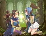  2girls bad_id bad_pixiv_id between_breasts black_hair blue_hair breasts brown_eyes detached_sleeves dragon_quest dragon_quest_iii forest healing injury kuro_shiba_(lent) magic multiple_boys multiple_girls nature red_eyes roto sage_(dq3) soldier_(dq3) staff tears thief_(dq3) thighhighs wince 