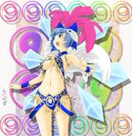  1girl bad_id bad_pixiv_id blue_eyes blue_hair bow bracelet breasts cirno hair_bow highres jewelry large_breasts libus looking_up midriff older samba short_hair solo touhou underboob wings 