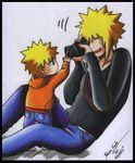  belinda_sarahy_de_gois_rentroia blonde_hair blue_eyes camera child father_and_son highres multiple_boys namikaze_minato naruto naruto_(series) naruto_shippuuden ninja scan signature spiked_hair time_paradox traditional_media uzumaki_naruto whisker_markings younger 