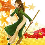  artist_request axis_powers_hetalia blush brown_eyes brown_hair dress green_dress long_hair looking_at_viewer paddle pants simple_background solo standing vietnam_(hetalia) vietnamese_dress white_background 