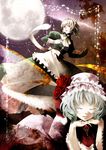  apron bad_id bad_pixiv_id bat_wings braid closed_eyes dress flower frills full_moon glitter gloves grey_eyes hands_clasped hat izayoi_sakuya jewelry lips looking_up maid_headdress mochinu moon multiple_girls own_hands_together remilia_scarlet ribbon rose shadow silver_hair touhou twin_braids vampire wings 