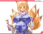  animal_ears blonde_hair blush breasts fox_ears fox_tail hand_on_own_chest huge_breasts multiple_tails pregnant sachito short_hair solo tail touhou yakumo_ran yellow_eyes 
