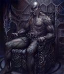  hades helmet lord_of_vermilion male_focus muscle mythology noba sitting skull smoke solo spikes throne 