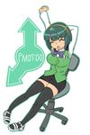  chair full_body green_hair headset highres idolmaster idolmaster_(classic) mole mole_under_mouth neck_ribbon office_chair otonashi_kotori pencil_skirt ribbon sandals short_hair sitting skirt solo stretch thighhighs vest yashiroku 