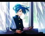  androgynous artist_request blue_hair book curtains gakuran inazuma_eleven inazuma_eleven_(series) kazemaru_ichirouta male_focus ponytail raimon raimon_school_uniform red_eyes school_uniform solo wind window 