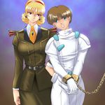  blonde_hair blue_eyes bound bound_arms brown_hair chains cuffs earrings flightsuit gundam hairband hand_on_hip hips jewelry katejina_loos pilot_suit red_eyes shackle shackles uniform uso_evin victory_gundam wancozow watermark 