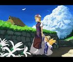  absurdres bad_id bad_pixiv_id cloud day flower highres holding_hands letterboxed multiple_girls one_eye_closed outdoors sky touhou wind yakumo_ran yakumo_yukari you_shimizu younger 