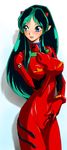  between_breasts blue_eyes blush breasts cosplay covered_nipples fuchida_kyou green_hair highres large_breasts long_hair lum neon_genesis_evangelion plugsuit pointy_ears solo souryuu_asuka_langley souryuu_asuka_langley_(cosplay) urusei_yatsura 