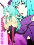  animal_print bat_print bat_wings breasts cleavage demon_girl elbow_gloves fingerless_gloves gloves green_hair head_wings large_breasts long_hair morrigan_aensland onda_(wakiwacky) pantyhose print_legwear purple_wings solo succubus vampire_(game) wings yellow_eyes zoom_layer 