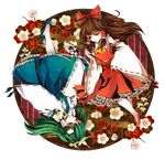  awa_toka bow brown_eyes brown_hair detached_sleeves eyelashes frog gohei green_eyes green_hair hair_bow hair_ornament hakurei_reimu kochiya_sanae long_hair multiple_girls rotational_symmetry snake touhou 