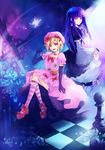  blonde_hair blue_hair board_game bow bug butterfly cat_tail checkered checkered_floor chess chess_piece cross dress elbow_gloves flower frederica_bernkastel gloves hair_bow hair_ornament hairclip hat highres insect jewelry lambdadelta multiple_girls necklace nix_(artist) pink_eyes pink_hat purple_eyes rose short_hair tail umineko_no_naku_koro_ni 