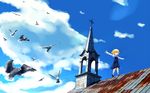 bad_id bad_pixiv_id balancing bird blonde_hair cloud cross day flock open_mouth outstretched_arms red_eyes rooftop rumia short_hair sky solo spread_arms steeple touhou tsuyuki_(yukitgraph) walking 