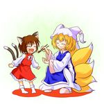  animal_ears arinu cat_ears cat_tail chen chopsticks earrings fang feeding food fox_tail hat jewelry multiple_girls multiple_tails no_hat no_headwear slippers socks squatting tail touhou yakumo_ran 