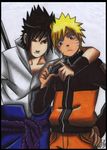  absurdres belinda_sarahy_de_gois_rentroia black_eyes black_hair blonde_hair blue_eyes heart heart_hands highres multiple_boys naruto_(series) naruto_shippuuden ninja scan traditional_media uchiha_sasuke uzumaki_naruto whisker_markings 