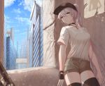  building choker city clouds gloves hat honkai_impact kiana_kaslana long_hair necklace ponytail shorts sky thighhighs tmtl_aos white_hair zettai_ryouiki 