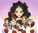  absurdres akiyama_mio black_eyes black_hair blonde_hair blue_eyes bow brown_hair cake chibi dual_persona food fruit hair_bow hairband hat highres hirasawa_yui k-on! kotobuki_tsumugi listen!! long_hair multiple_girls nakano_azusa non-web_source pantyhose ponytail short_hair strawberry tainaka_ritsu 