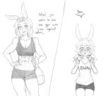  &lt;3 &lt;3_eyes 2019 abs animal_humanoid blush breasts cleavage clothed clothing dialogue drooling duo english_text female humanoid lagomorph lagomorph_humanoid mammal monochrome muscular navel rabbit_humanoid saliva shirt shorts size_difference sketch tank_top text twrlare 