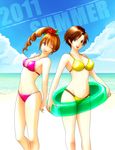  2girls :p beach bikini brown_hair chidorism cloud clouds female green_eyes kunoichi_(sengoku_musou) long_hair midriff multiple_girls nene open_mouth ponytail purple_eyes sengoku_musou sengoku_musou_2 sengoku_musou_3 short_hair sky swimsuit tongue tongue_out water wink 