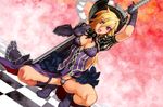  blonde_hair breasts cameltoe charles_d'artagnan dress dutch_angle gloves hat highres hyakka_ryouran_samurai_girls medium_breasts nishii_(nitroplus) official_art open_mouth panties red_eyes solo squatting sword thigh_strap thong underwear weapon 