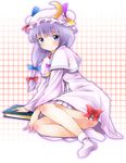  blue_eyes blue_hair blush body_blush book bow crescent hair_bow hat long_hair michii_yuuki panties patchouli_knowledge sitting socks solo touhou underwear 