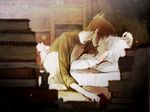  bed black_hair blurry book bookshelf closed_eyes depth_of_field facial_mark kiss kl lying male_focus multiple_boys nezumi_(no.6) no.6 on_back on_bed pillow shion_(no.6) short_ponytail white_hair yaoi 