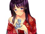  alcohol bad_id bad_pixiv_id bare_shoulders black_hair collarbone japanese_clothes kimono long_hair nail_polish off_shoulder original purple_eyes sake smile solo zpolice 